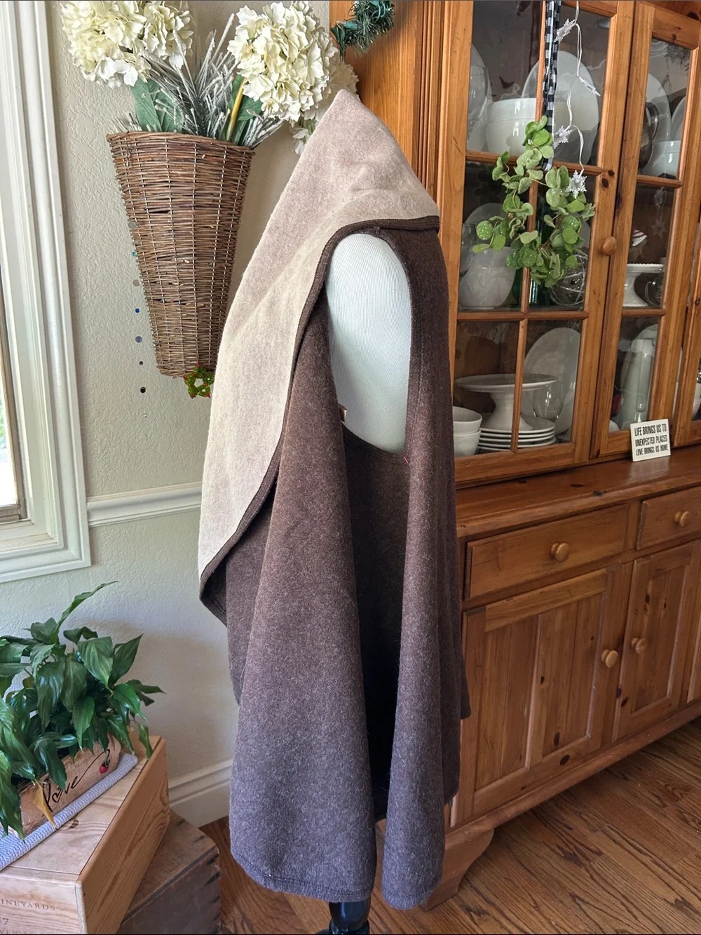 Reversible Brown and Cream Shawl-Collar Wrap
